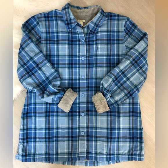 L.L.Bean Blue Plaid Fleece Lined Flannel Shacket Size Large - Picture 1 of 9